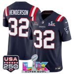 New England Patriots #32 TreVeyon Henderson Navy 2025 F.U.S.E. Super Bowl LX Patch And USA 250' Patch Vapor Limited Stitched Jersey