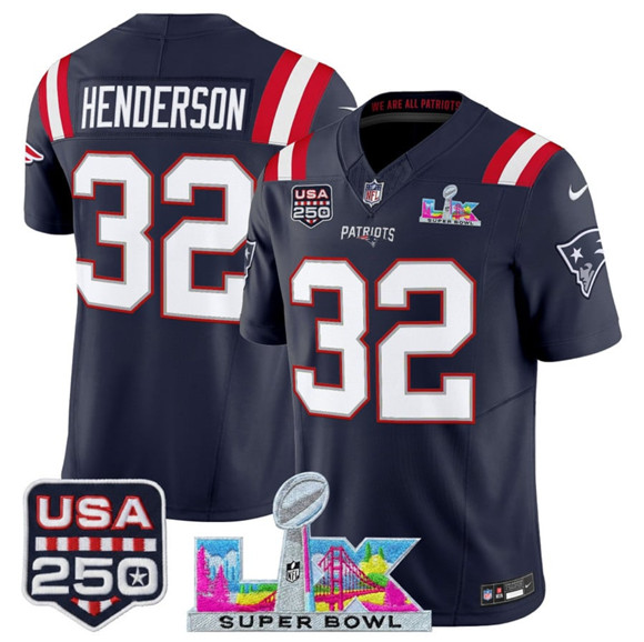 New England Patriots #32 TreVeyon Henderson Navy 2025 F.U.S.E. Super Bowl LX Patch And USA 250' Patch Vapor Limited Stitched Jersey
