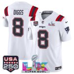 New England Patriots #8 Stefon Diggs White 2025 F.U.S.E. Super Bowl LX Patch And USA 250' Patch Vapor Limited Stitched Jersey