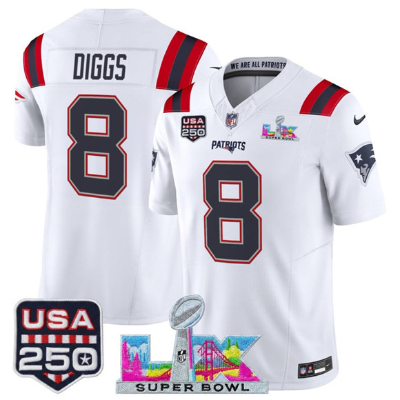 New England Patriots #8 Stefon Diggs White 2025 F.U.S.E. Super Bowl LX Patch And USA 250' Patch Vapor Limited Stitched Jersey