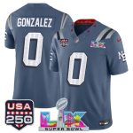 New England Patriots #0 Christian Gonzalez Storm Blue 2025 F.U.S.E. Super Bowl LX USA 250' Patch ¡°Rivalries¡± Vapor Limited Stitched Jersey