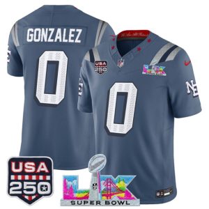 New England Patriots #0 Christian Gonzalez Storm Blue 2025 F.U.S.E. Super Bowl LX USA 250' Patch ¡°Rivalries¡± Vapor Limited Stitched Jersey