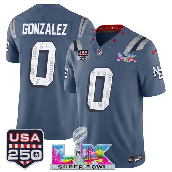 New England Patriots #0 Christian Gonzalez Storm Blue 2025 F.U.S.E. Super Bowl LX USA 250' Patch ¡°Rivalries¡± Vapor Limited Stitched Jersey