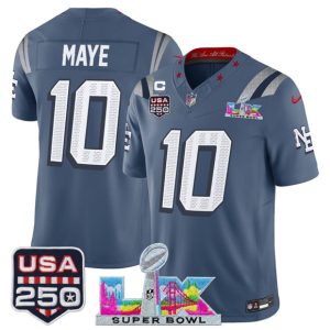 New England Patriots #10 Drake Maye Storm Blue 2025 F.U.S.E. 1-Star C Patch And Super Bowl LX Patch USA 250' Patch ¡°Rivalries¡± Vapor Limited Stitched Jersey