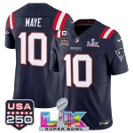 New England Patriots #10 Drake Maye Navy 2025 F.U.S.E. 1-Star C Patch And Super Bowl LX Patch USA 250' Patch Vapor Limited Stitched Jersey