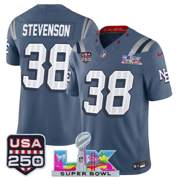 New England Patriots #38 Rhamondre Stevenson Storm Blue 2025 F.U.S.E. Super Bowl LX USA 250' Patch ¡°Rivalries¡± Vapor Limited Stitched Jersey