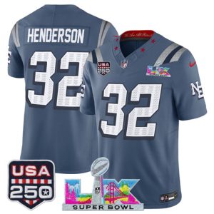 New England Patriots #32 TreVeyon Henderson Storm Blue 2025 F.U.S.E. Super Bowl LX USA 250' Patch ¡°Rivalries¡± Vapor Limited Stitched Jersey