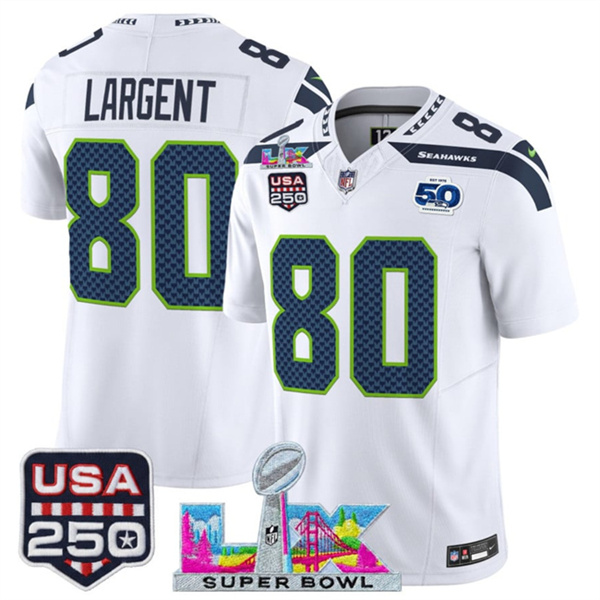 Seattle Seahawks #80 Steve Largent White 2025 F.U.S.E. Super Bowl LX Patch And 50th Season USA 250' Patch Vapor Limited Stitched Jersey