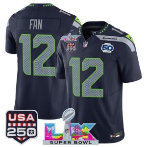 Seattle Seahawks #12 Fan Navy 2025 F.U.S.E. Super Bowl LX Patch And 50th Season Patch Vapor Limited Stitched Jersey