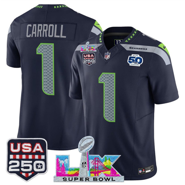 Seattle Seahawks #1 Pete Carroll Navy 2025 F.U.S.E. Super Bowl LX Patch And 50th Season USA 250' Patch Vapor Limited Stitched Jersey