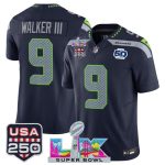 Seattle Seahawks #9 Kenneth Walker III Navy 2025 F.U.S.E. Super Bowl LX Patch And 50th Season USA 250' Patch Vapor Limited Stitched Jersey