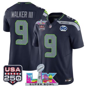 Seattle Seahawks #9 Kenneth Walker III Navy 2025 F.U.S.E. Super Bowl LX Patch And 50th Season USA 250' Patch Vapor Limited Stitched Jersey