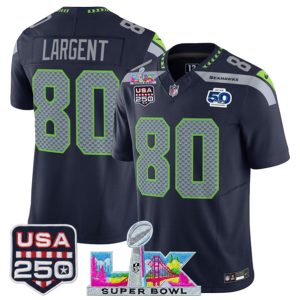 Seattle Seahawks #80 Steve Largent Navy 2025 F.U.S.E. Super Bowl LX Patch And 50th Season USA 250' Patch Vapor Limited Stitched Jersey