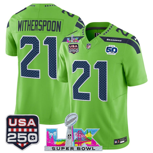 Seattle Seahawks #21 Devon Witherspoon Green 2025 F.U.S.E. Super Bowl LX Patch And 50th Season USA 250' Patch Vapor Limited Stitched Jersey