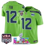 Seattle Seahawks #12 Fan Green 2025 F.U.S.E. Super Bowl LX Patch And 50th Season USA 250' Patch Vapor Limited Stitched Jersey