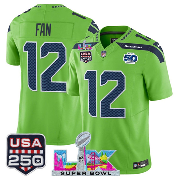 Seattle Seahawks #12 Fan Green 2025 F.U.S.E. Super Bowl LX Patch And 50th Season USA 250' Patch Vapor Limited Stitched Jersey