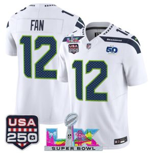 Seattle Seahawks #12 Fan White 2025 F.U.S.E. Super Bowl LX Patch And 50th Season USA 250' Patch Vapor Limited Stitched Jersey
