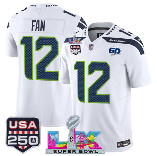 Seattle Seahawks #12 Fan White 2025 F.U.S.E. Super Bowl LX Patch And 50th Season USA 250' Patch Vapor Limited Stitched Jersey