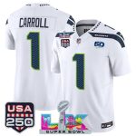 Seattle Seahawks #1 Pete Carroll White 2025 F.U.S.E. Super Bowl LX Patch And 50th Season USA 250' Patch Vapor Limited Stitched Jersey