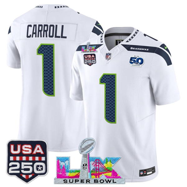 Seattle Seahawks #1 Pete Carroll White 2025 F.U.S.E. Super Bowl LX Patch And 50th Season USA 250' Patch Vapor Limited Stitched Jersey