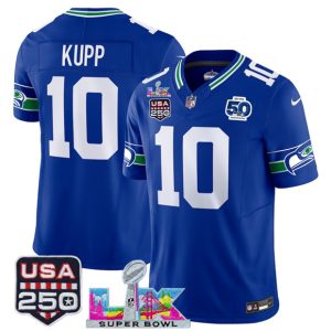 Seattle Seahawks #10 Cooper Kupp Royal 2025 F.U.S.E. Super Bowl LX Patch And 50th Season Patch Vapor Throwback Limited Stitched Jersey