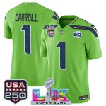Seattle Seahawks #1 Pete Carroll Green 2025 F.U.S.E. Super Bowl LX Patch And 50th Season USA 250' Patch Vapor Limited Stitched Jersey