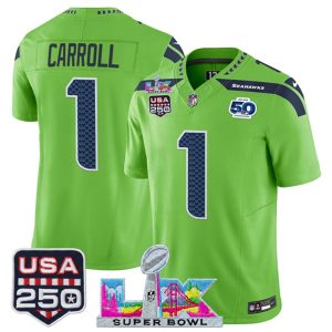 Seattle Seahawks #1 Pete Carroll Green 2025 F.U.S.E. Super Bowl LX Patch And 50th Season USA 250' Patch Vapor Limited Stitched Jersey