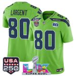 Seattle Seahawks #80 Steve Largent Green 2025 F.U.S.E. Super Bowl LX Patch And 50th Season USA 250' Patch Vapor Limited Stitched Jersey