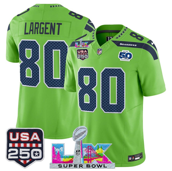 Seattle Seahawks #80 Steve Largent Green 2025 F.U.S.E. Super Bowl LX Patch And 50th Season USA 250' Patch Vapor Limited Stitched Jersey