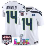 Seattle Seahawks #14 Sam Darnold White 2025 F.U.S.E. Super Bowl LX Patch And 50th Season USA 250' Patch Vapor Limited Stitched Jersey