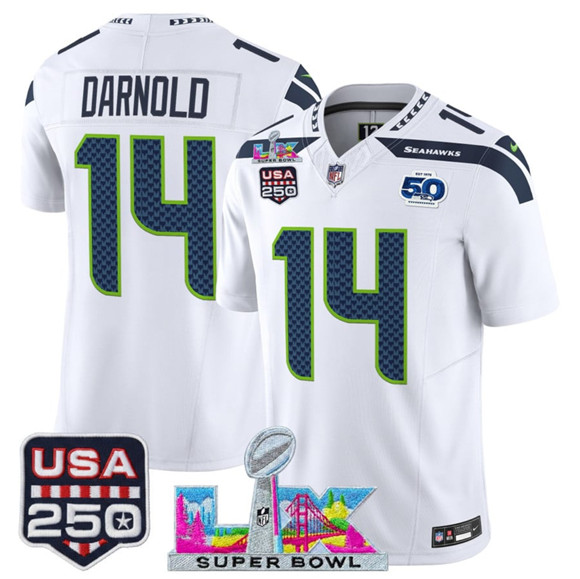 Seattle Seahawks #14 Sam Darnold White 2025 F.U.S.E. Super Bowl LX Patch And 50th Season USA 250' Patch Vapor Limited Stitched Jersey