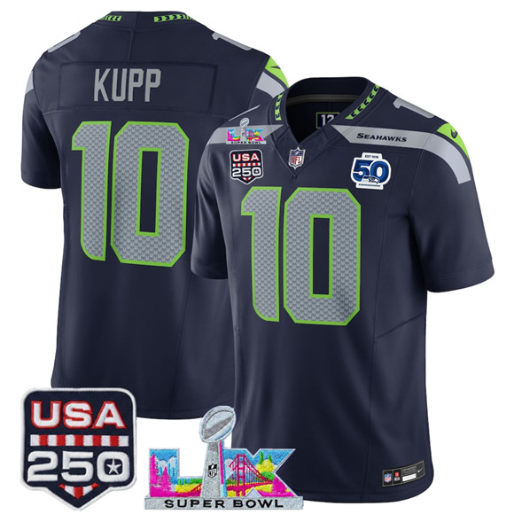 Seattle Seahawks #10 Cooper Kupp Navy 2025 F.U.S.E. Super Bowl LX Patch And 50th Season Patch Vapor Limited Stitched Jersey