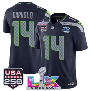 Seattle Seahawks #14 Sam Darnold Navy 2025 F.U.S.E. Super Bowl LX Patch And 50th Season USA 250' Patch Vapor Throwback Limited Stitched Jersey