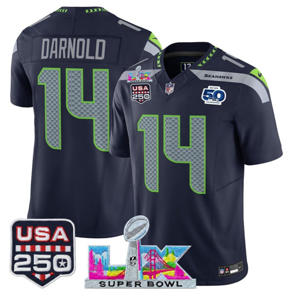 Seattle Seahawks #14 Sam Darnold Navy 2025 F.U.S.E. Super Bowl LX Patch And 50th Season USA 250' Patch Vapor Throwback Limited Stitched Jersey