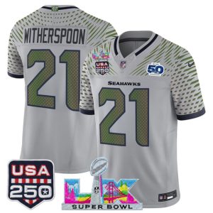 Seattle Seahawks #21 Devon Witherspoon Gray 2025 F.U.S.E. Super Bowl LX US 250th anniversary Patch And 50th Season Patch ¡°Rivalries¡± Vapor Limited Stitched Jersey