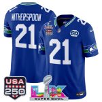 Seattle Seahawks #21 Devon Witherspoon Royal 2025 F.U.S.E. Super Bowl LX Patch And 50th Season USA 250' Patch Vapor Throwback Limited Stitched Jersey