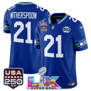 Seattle Seahawks #21 Devon Witherspoon Royal 2025 F.U.S.E. Super Bowl LX Patch And 50th Season USA 250' Patch Vapor Throwback Limited Stitched Jersey