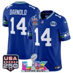 Seattle Seahawks #14 Sam Darnold Royal 2025 F.U.S.E. Super Bowl LX Patch And 50th Season USA 250' Patch Vapor Throwback Limited Stitched Jersey