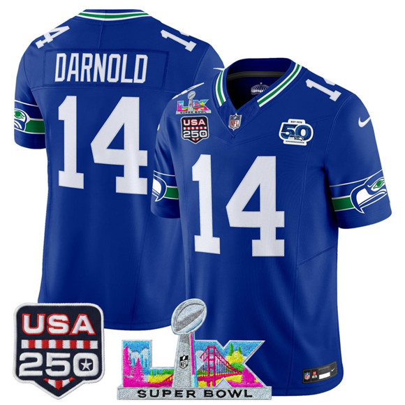 Seattle Seahawks #14 Sam Darnold Royal 2025 F.U.S.E. Super Bowl LX Patch And 50th Season USA 250' Patch Vapor Throwback Limited Stitched Jersey