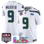 Seattle Seahawks #9 Kenneth Walker III White 2025 F.U.S.E. Super Bowl LX Patch And 50th Season USA 250' Patch Vapor Limited Stitched Jersey