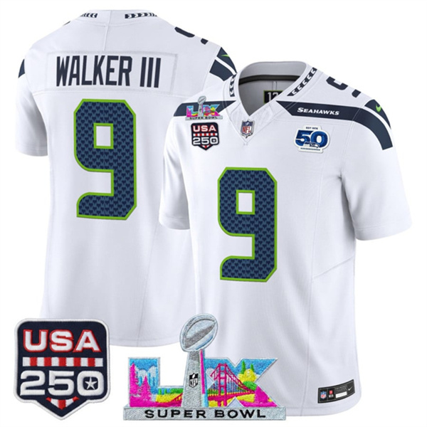 Seattle Seahawks #9 Kenneth Walker III White 2025 F.U.S.E. Super Bowl LX Patch And 50th Season USA 250' Patch Vapor Limited Stitched Jersey