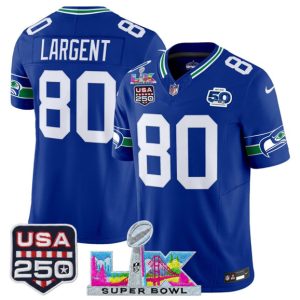 Seattle Seahawks #80 Steve Largent Royal 2025 F.U.S.E. Super Bowl LX Patch And 50th Season USA 250' Patch Vapor Throwback Limited Stitched Jersey