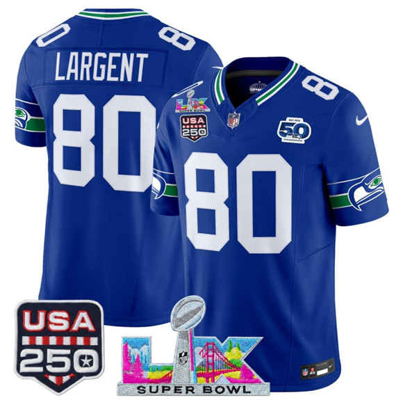 Seattle Seahawks #80 Steve Largent Royal 2025 F.U.S.E. Super Bowl LX Patch And 50th Season USA 250' Patch Vapor Throwback Limited Stitched Jersey