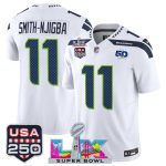 Seattle Seahawks #11 Jaxon Smith-Njigba White 2025 F.U.S.E. Super Bowl LX Patch And 50th Season USA 250' Patch Vapor Limited Stitched Jersey