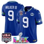 Seattle Seahawks #9 Kenneth Walker III Royal 2025 F.U.S.E. Super Bowl LX Patch And 50th Season USA 250' Patch Vapor Throwback Limited Stitched Jersey