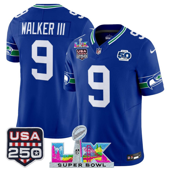 Seattle Seahawks #9 Kenneth Walker III Royal 2025 F.U.S.E. Super Bowl LX Patch And 50th Season USA 250' Patch Vapor Throwback Limited Stitched Jersey