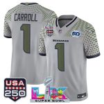 Seattle Seahawks #1 Pete Carroll Gray 2025 F.U.S.E. Super Bowl LX US 250th anniversary Patch And 50th Season Patch ¡°Rivalries¡± Vapor Limited Stitched Jersey