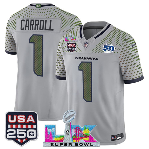 Seattle Seahawks #1 Pete Carroll Gray 2025 F.U.S.E. Super Bowl LX US 250th anniversary Patch And 50th Season Patch ¡°Rivalries¡± Vapor Limited Stitched Jersey