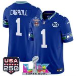 Seattle Seahawks #1 Pete Carroll Royal 2025 F.U.S.E. Super Bowl LX Patch And 50th Season USA 250' Patch Vapor Throwback Limited Stitched Jersey