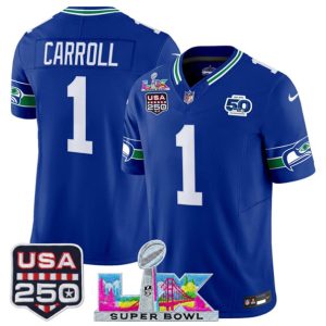Seattle Seahawks #1 Pete Carroll Royal 2025 F.U.S.E. Super Bowl LX Patch And 50th Season USA 250' Patch Vapor Throwback Limited Stitched Jersey